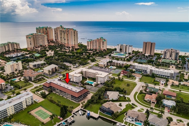 drone / aerial view with a water view