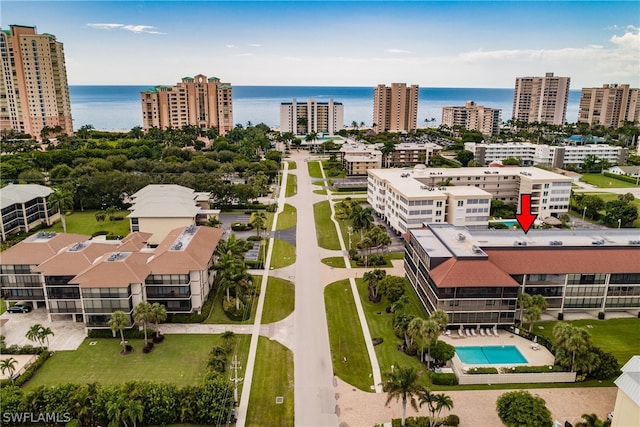 aerial view featuring a water view