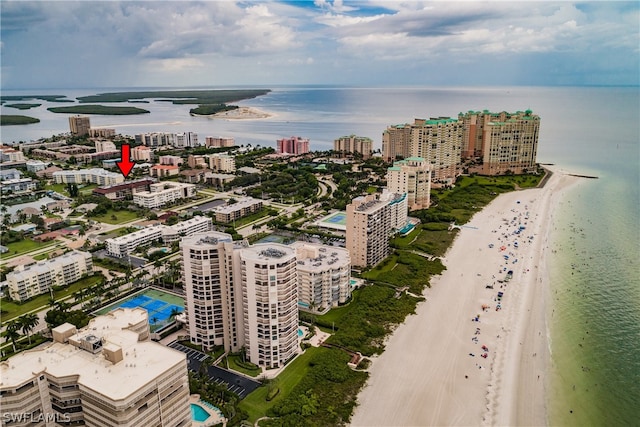 drone / aerial view with a water view and a view of the beach