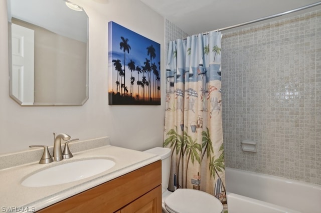 full bathroom with vanity, toilet, and shower / bathtub combination with curtain