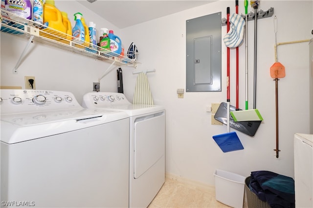 washroom with electric panel and washing machine and clothes dryer