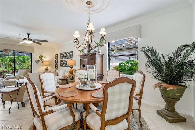 dining room featuring light tile patterned flooring, ceiling fan with notable chandelier, and ornamental molding