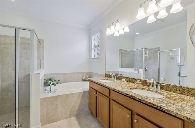 bathroom with tile patterned floors, vanity, ornamental molding, and plus walk in shower