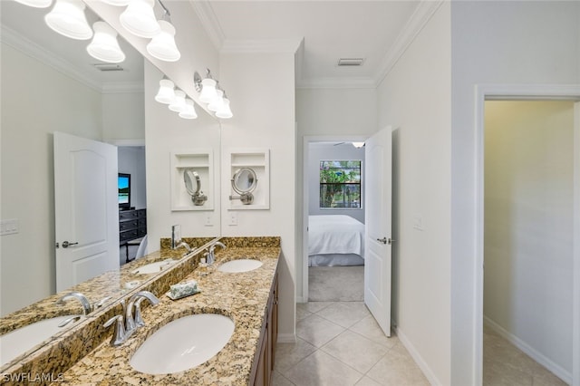 bathroom with vanity, tile patterned floors, and ornamental molding