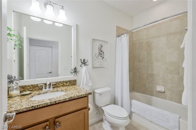 full bathroom featuring vanity, toilet, and shower / tub combo with curtain