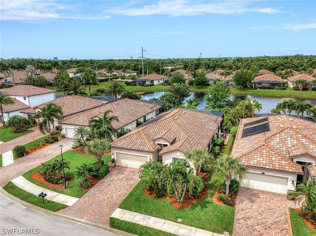 aerial view featuring a water view