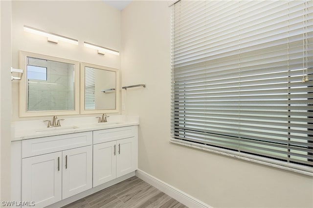 bathroom with double vanity and wood-type flooring