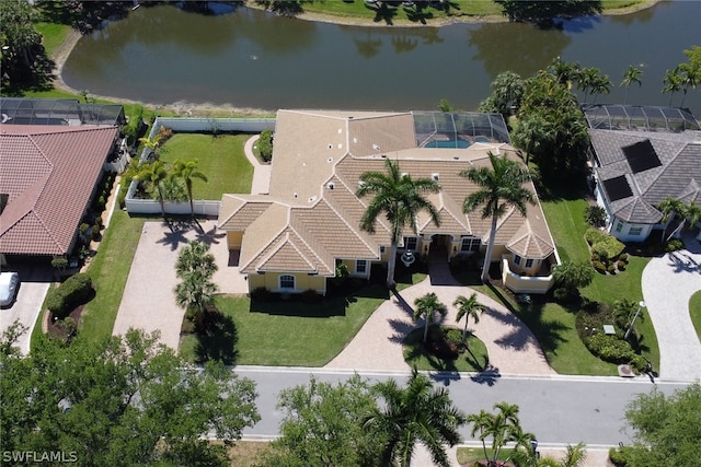 aerial view featuring a water view