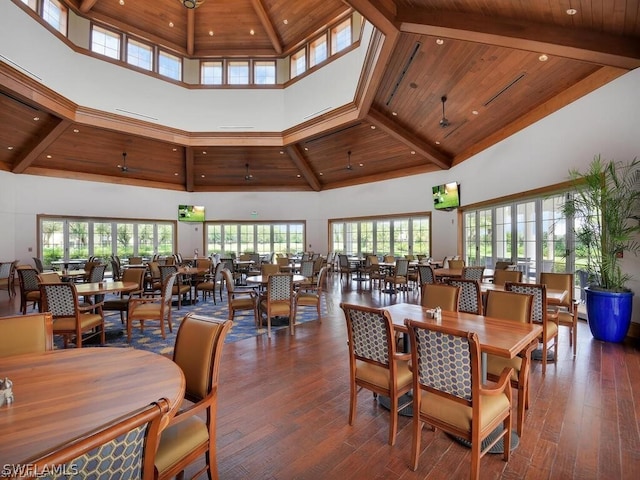 dining area with wooden ceiling, high vaulted ceiling, a healthy amount of sunlight, and dark hardwood / wood-style flooring