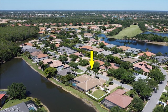 drone / aerial view featuring a water view