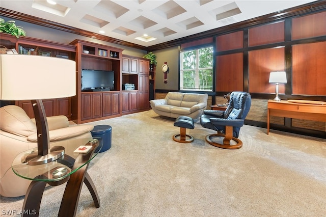 living room with light carpet, crown molding, and coffered ceiling