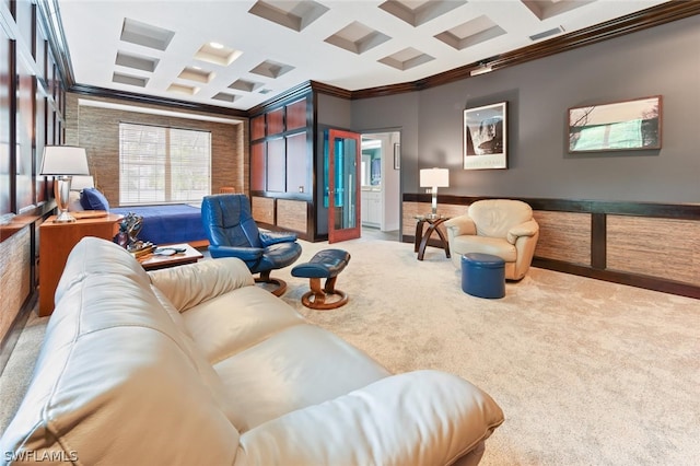 interior space with coffered ceiling, crown molding, and beam ceiling