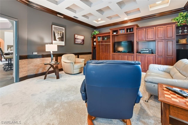 living room with crown molding, coffered ceiling, beamed ceiling, and light carpet