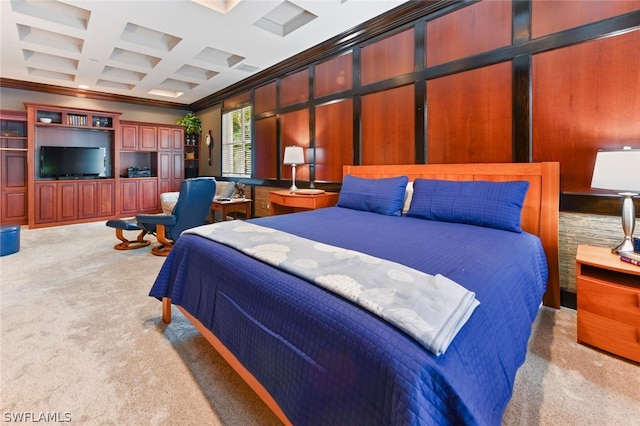 bedroom with coffered ceiling, ornamental molding, light carpet, and beam ceiling