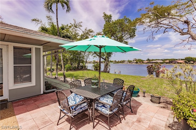 view of terrace with a water view