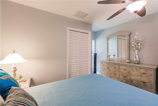 bedroom featuring ceiling fan and a closet