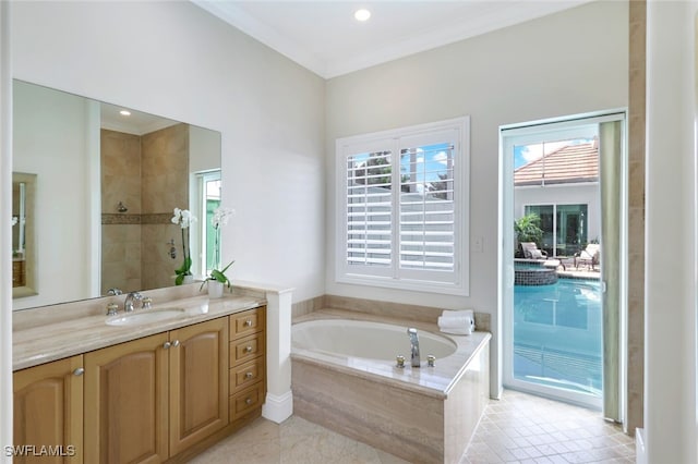 full bathroom featuring a garden tub, recessed lighting, crown molding, and vanity