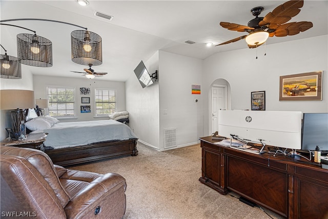 bedroom with light carpet and ceiling fan