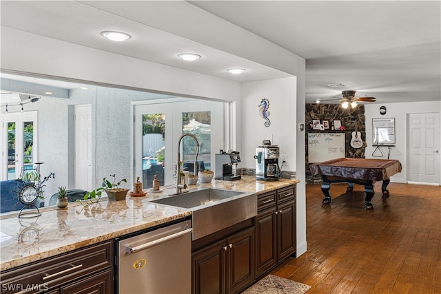 kitchen with billiards, french doors, ceiling fan, dishwasher, and sink