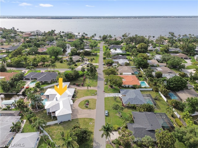 aerial view featuring a water view