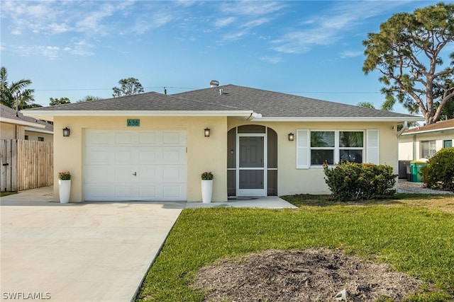 ranch-style home with a garage and a front yard