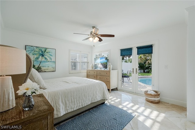 bedroom featuring access to exterior, ceiling fan, french doors, and ornamental molding