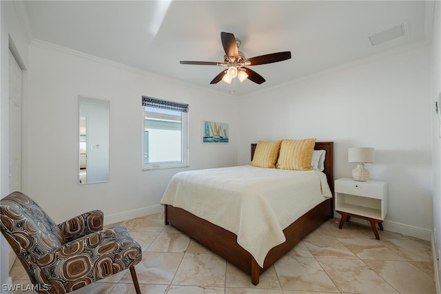 bedroom with ceiling fan and ornamental molding