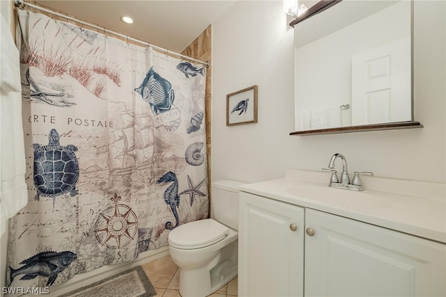 bathroom with tile patterned floors, vanity, toilet, and a shower with shower curtain