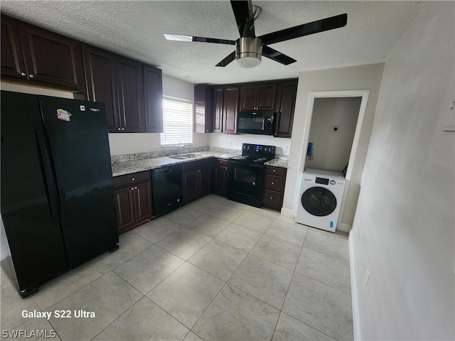 kitchen featuring sink, ceiling fan, washer / dryer, light tile flooring, and black appliances