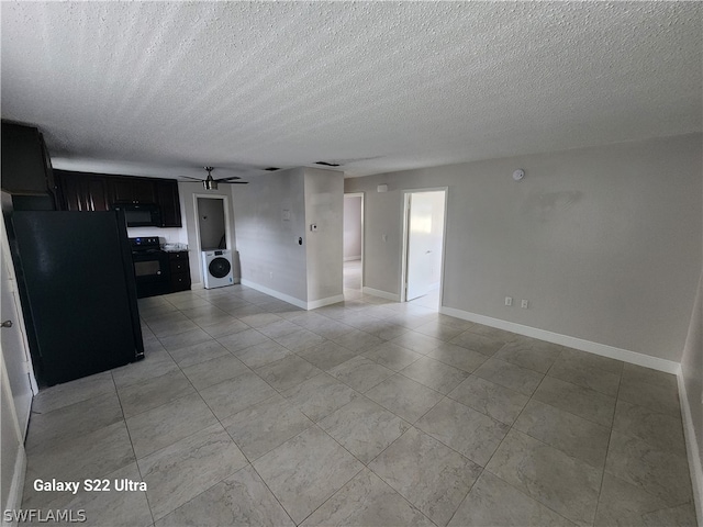 kitchen with ceiling fan, light tile flooring, black appliances, washer / clothes dryer, and a textured ceiling