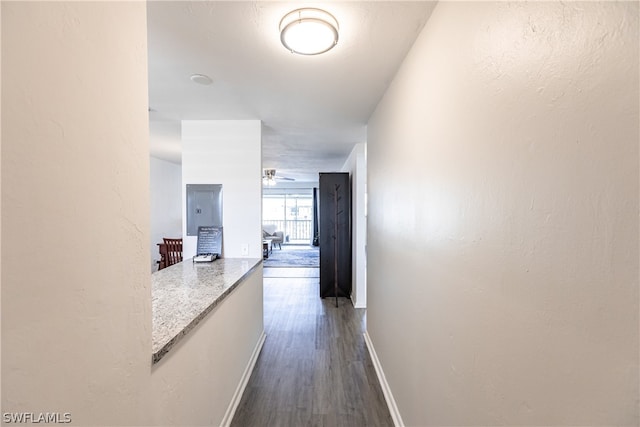 hallway with dark hardwood / wood-style flooring