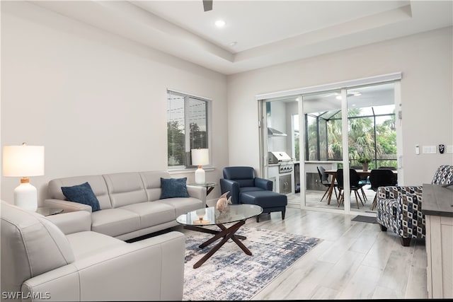 living room with recessed lighting and a raised ceiling