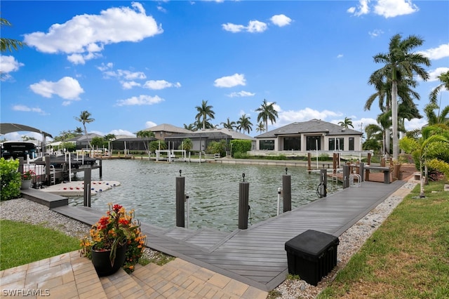 view of dock with a water view