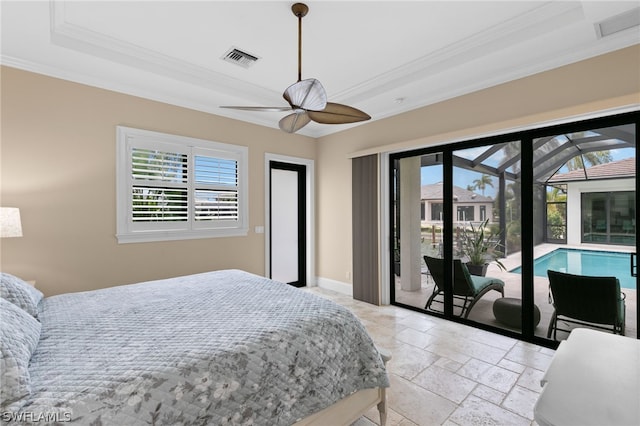 bedroom featuring access to outside, multiple windows, ceiling fan, and crown molding