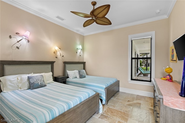 bedroom featuring ceiling fan and ornamental molding