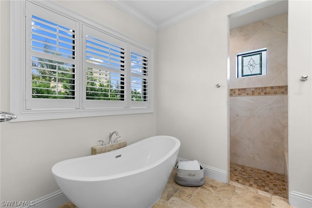 bathroom with crown molding and plus walk in shower