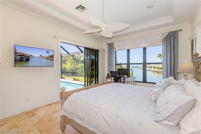 bedroom with access to outside, ceiling fan, ornamental molding, and a tray ceiling