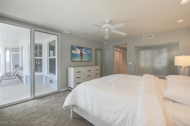 bedroom featuring a closet, carpet floors, ceiling fan, and access to outside