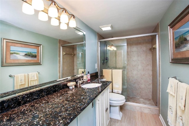 bathroom featuring vanity, a shower with shower door, and toilet