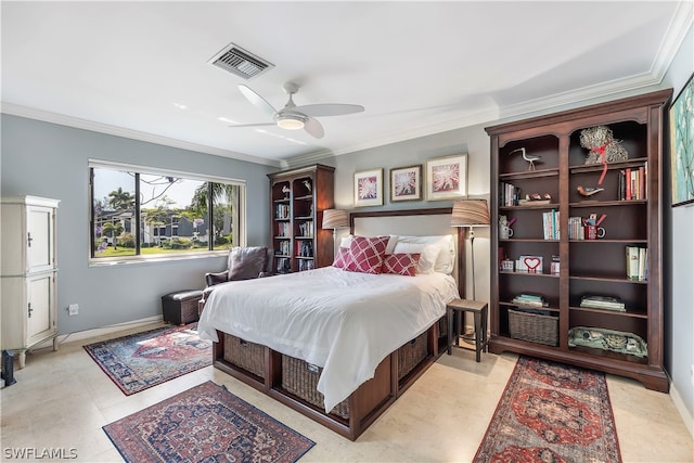 bedroom with ornamental molding, ceiling fan, and light tile flooring