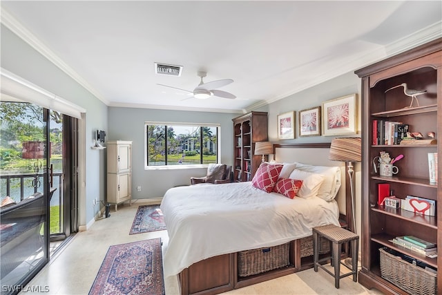 bedroom featuring ceiling fan, ornamental molding, and access to exterior