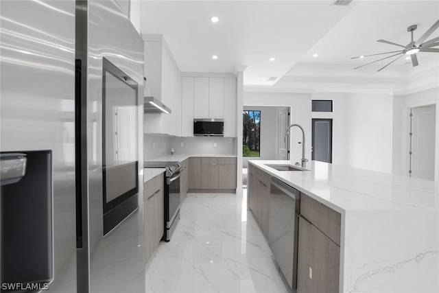 kitchen featuring white cabinets, ceiling fan, appliances with stainless steel finishes, a raised ceiling, and sink