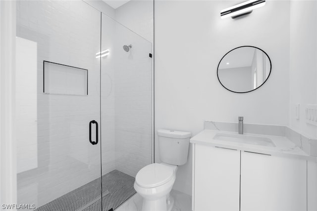 bathroom with vanity, an enclosed shower, toilet, and an AC wall unit