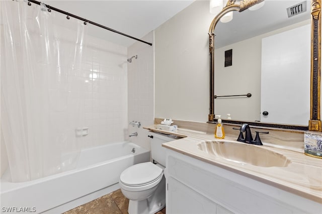 full bathroom featuring tile patterned flooring, vanity, shower / bath combination with curtain, and toilet