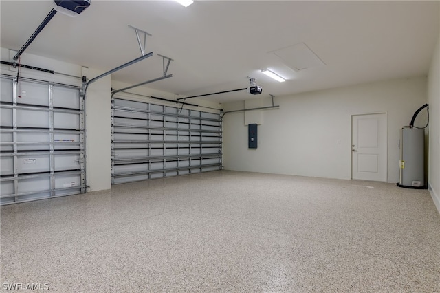 garage featuring electric panel, water heater, and a garage door opener