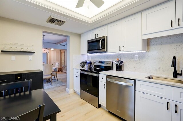 kitchen with appliances with stainless steel finishes, ceiling fan, sink, white cabinetry, and tasteful backsplash