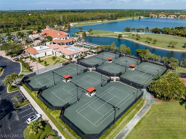 bird's eye view with a water view