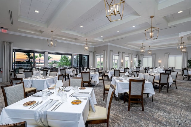 dining room featuring a high ceiling, coffered ceiling, an inviting chandelier, beam ceiling, and dark carpet