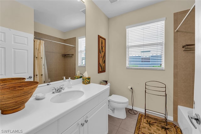 full bathroom with shower / bath combination with curtain, tile flooring, oversized vanity, and toilet