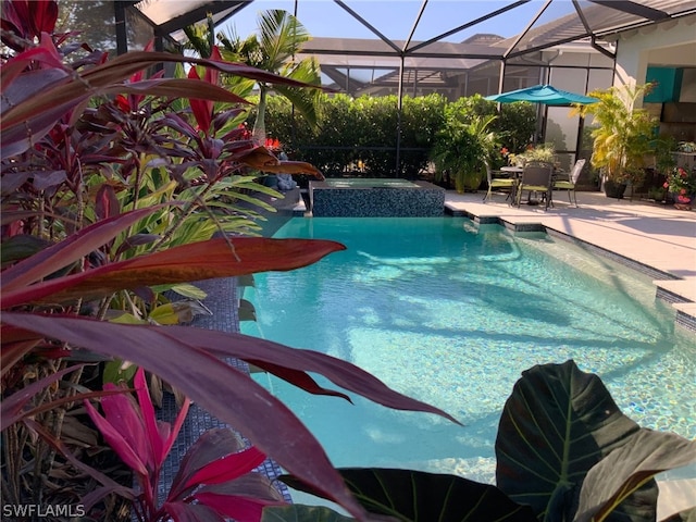 view of pool with a lanai and a patio area